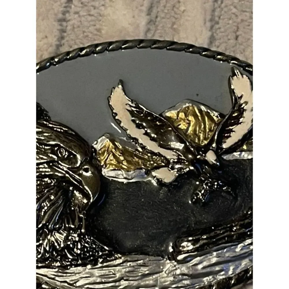 Vintage 1989 Intricate American Bald Eagle Belt Buckle Colorful Made in USA